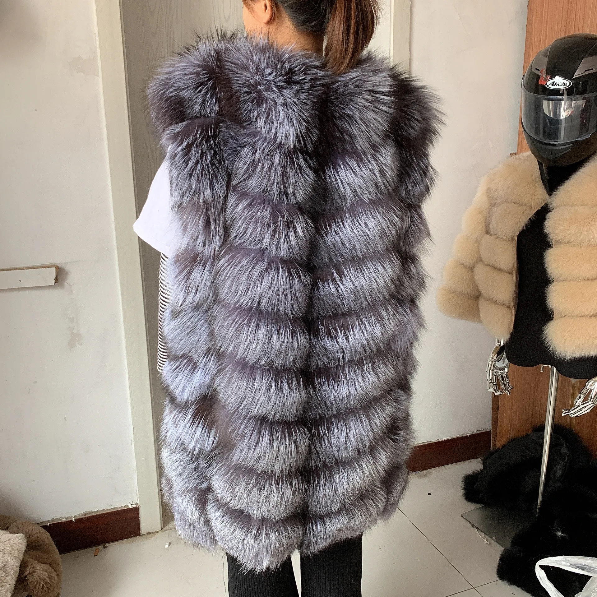 HUA QIU MEI SI Natural Fox Fur Vest Long Style Lady Warm Vest Multicolor 100% Natural Fur Coat Fox Fur Vest