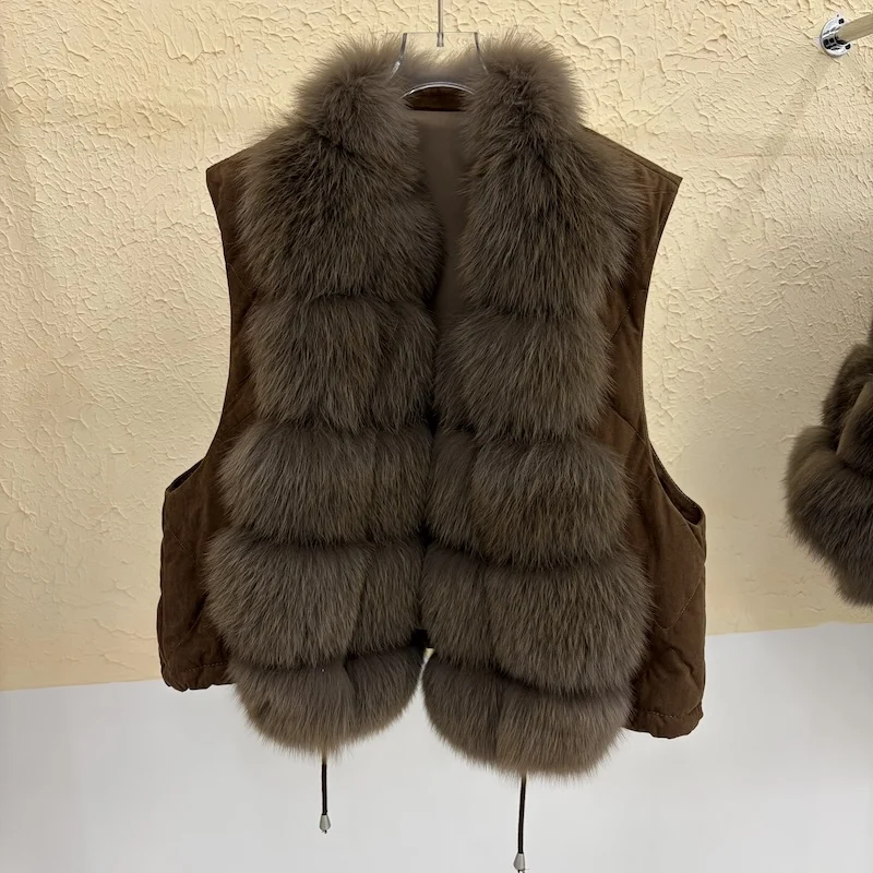 Luxury Women Genuine Fox Fur Goose Down Vest Stand Collar Sleeveless Gilet Winter Thick Warm Short Outerwear Fashion Waistcoat
