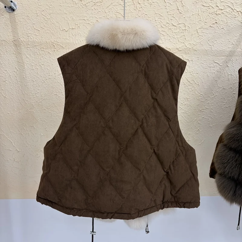 Luxury Women Genuine Fox Fur Goose Down Vest Stand Collar Sleeveless Gilet Winter Thick Warm Short Outerwear Fashion Waistcoat