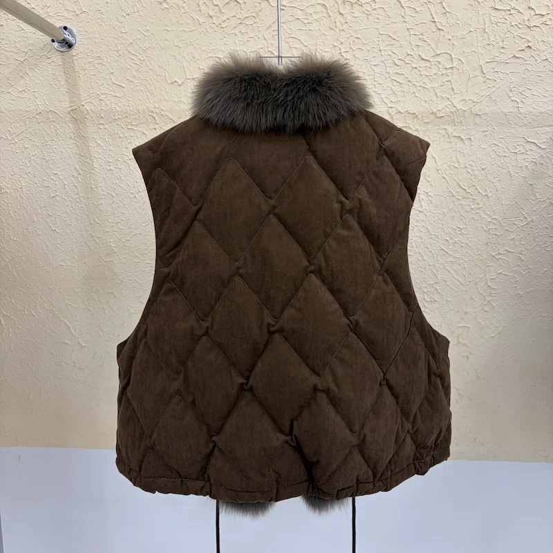 Luxury Women Genuine Fox Fur Goose Down Vest Stand Collar Sleeveless Gilet Winter Thick Warm Short Outerwear Fashion Waistcoat