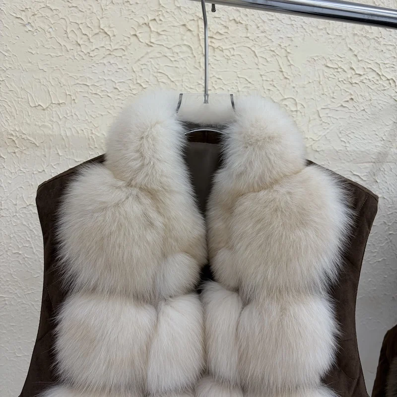 Luxury Women Genuine Fox Fur Goose Down Vest Stand Collar Sleeveless Gilet Winter Thick Warm Short Outerwear Fashion Waistcoat