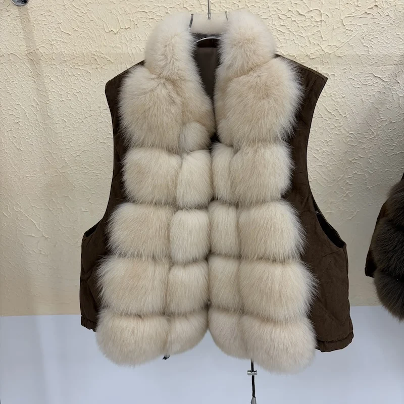 Luxury Women Genuine Fox Fur Goose Down Vest Stand Collar Sleeveless Gilet Winter Thick Warm Short Outerwear Fashion Waistcoat