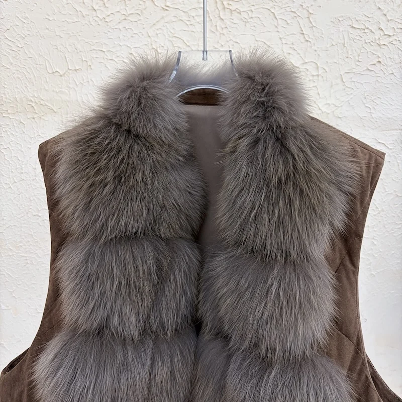 Luxury Women Genuine Fox Fur Goose Down Vest Stand Collar Sleeveless Gilet Winter Thick Warm Short Outerwear Fashion Waistcoat