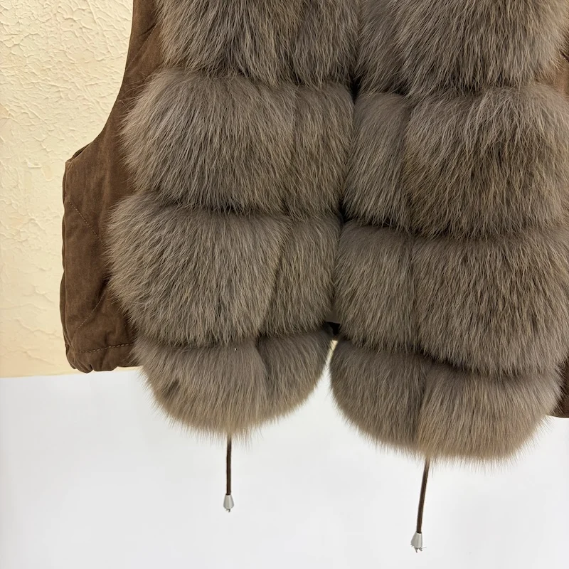 Luxury Women Genuine Fox Fur Goose Down Vest Stand Collar Sleeveless Gilet Winter Thick Warm Short Outerwear Fashion Waistcoat