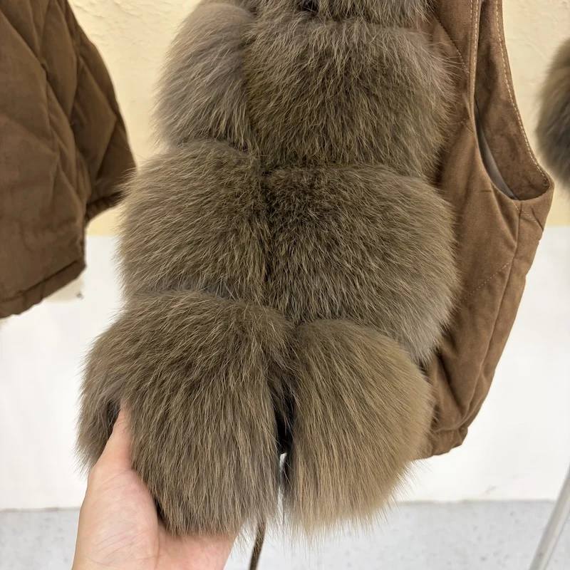 Luxury Women Genuine Fox Fur Goose Down Vest Stand Collar Sleeveless Gilet Winter Thick Warm Short Outerwear Fashion Waistcoat