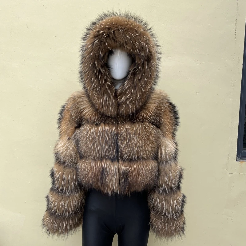 BEIZIRU Women's Winter Fur Coat Hooded Luxury Real Raccoon Top Furry Jackets Warm Thick Natural Long Sleeve Outerwear