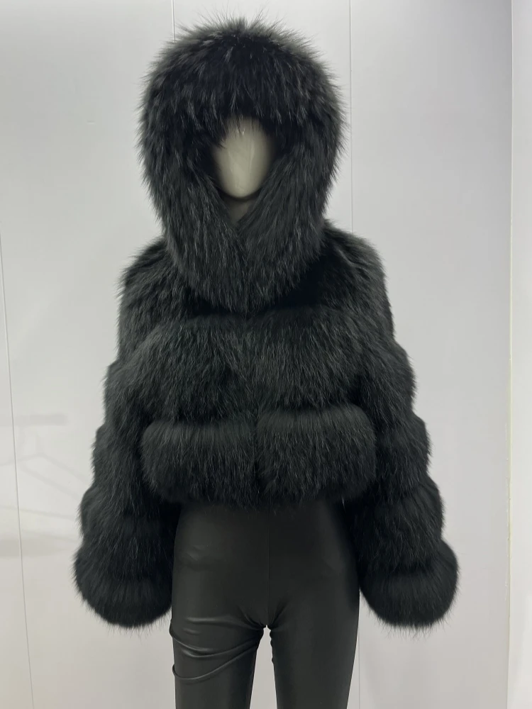 BEIZIRU Women's Winter Fur Coat Hooded Luxury Real Raccoon Top Furry Jackets Warm Thick Natural Long Sleeve Outerwear