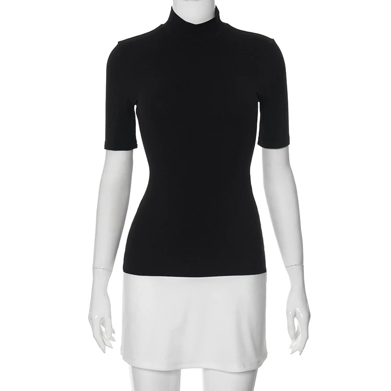 Summer 2025 Turtleneck Half Sleeve Mini Dresses French Style Fashion Elegant Black And White Patchwork Bodycon Dress