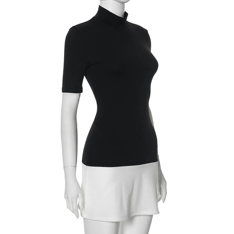 Summer 2025 Turtleneck Half Sleeve Mini Dresses French Style Fashion Elegant Black And White Patchwork Bodycon Dress