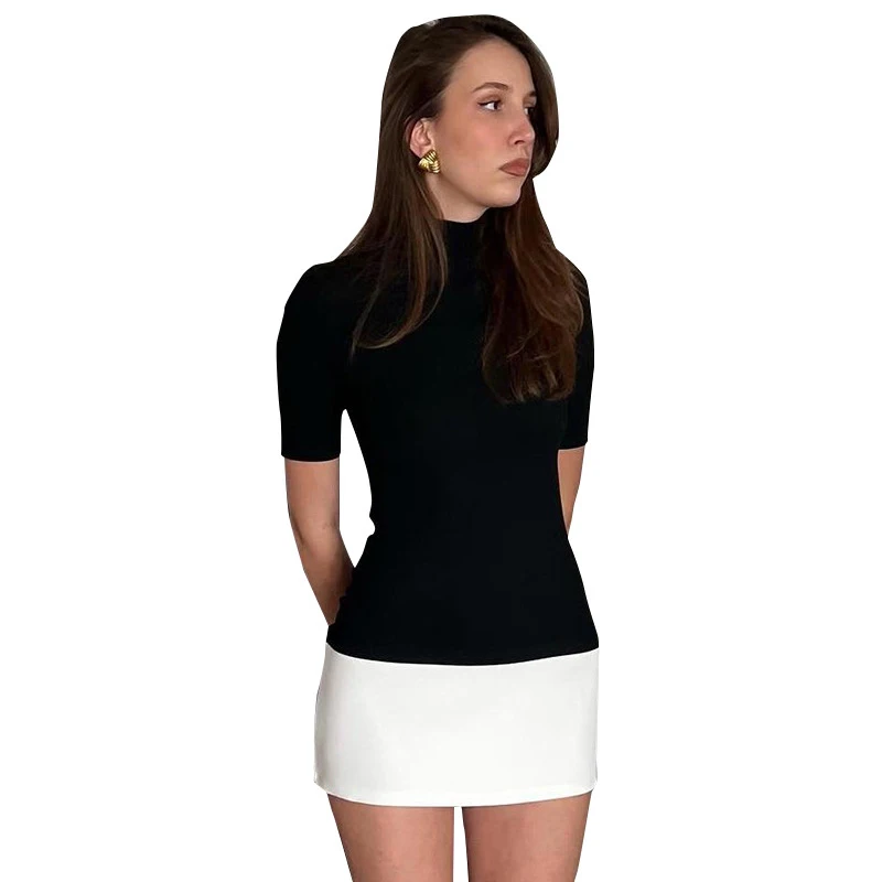Summer 2025 Turtleneck Half Sleeve Mini Dresses French Style Fashion Elegant Black And White Patchwork Bodycon Dress