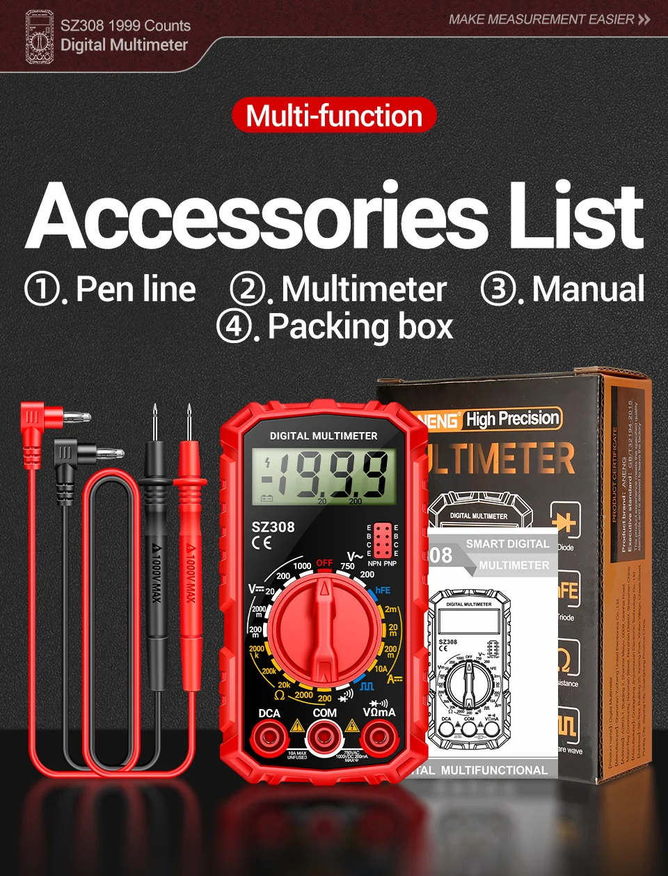 Multimeter Tester Pen Suit ANENG SZ308+B15 Multimeters 1999 Counts 24-250V Voltage Detector Meter Diagnostic Breakpoint Finder