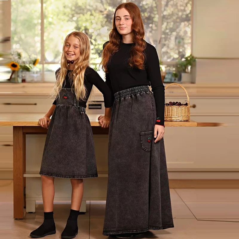 Denim Black Family Matching Set Long Sleeve Children's Clothing - Girl Dress Boys Casual Shirt Baby Rompers with Logo Embroidery