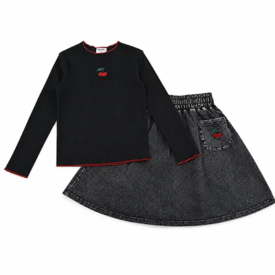 Denim Black Family Matching Set Long Sleeve Children's Clothing - Girl Dress Boys Casual Shirt Baby Rompers with Logo Embroidery