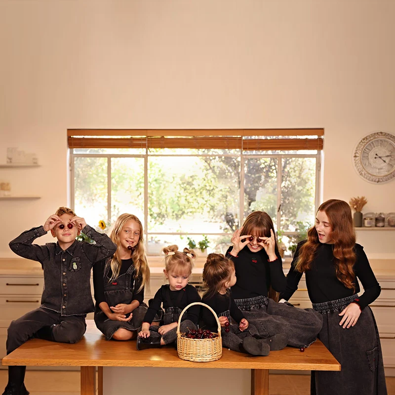 Denim Black Family Matching Set Long Sleeve Children's Clothing - Girl Dress Boys Casual Shirt Baby Rompers with Logo Embroidery