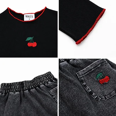 Denim Black Family Matching Set Long Sleeve Children's Clothing - Girl Dress Boys Casual Shirt Baby Rompers with Logo Embroidery