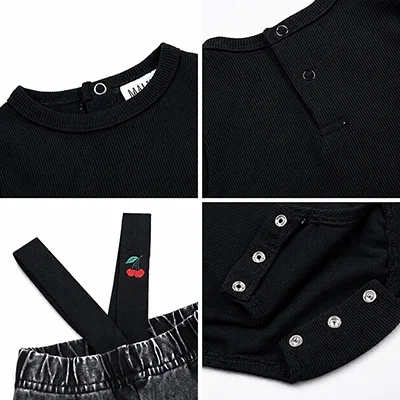 Denim Black Family Matching Set Long Sleeve Children's Clothing - Girl Dress Boys Casual Shirt Baby Rompers with Logo Embroidery