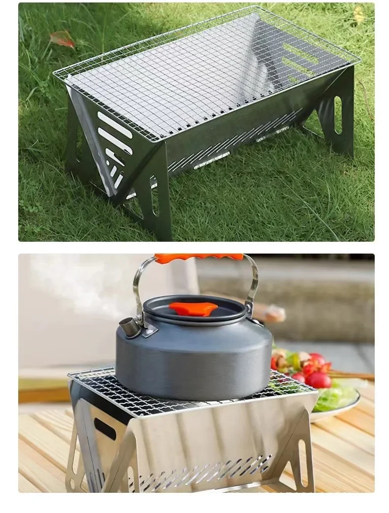Portable Folding Barbecue Grill Heating Stoves Multifunction Camping BBQ Grill Rack Net Firewood Stove Stainless Steel BBQ Grill