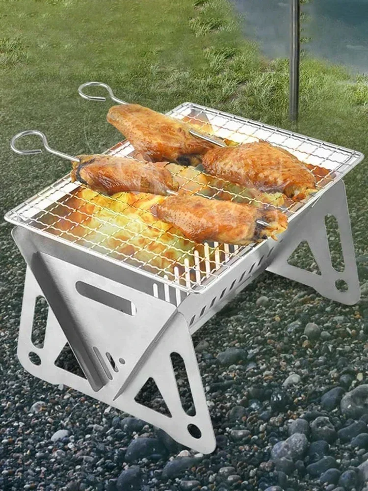 Portable Folding Barbecue Grill Heating Stoves Multifunction Camping BBQ Grill Rack Net Firewood Stove Stainless Steel BBQ Grill
