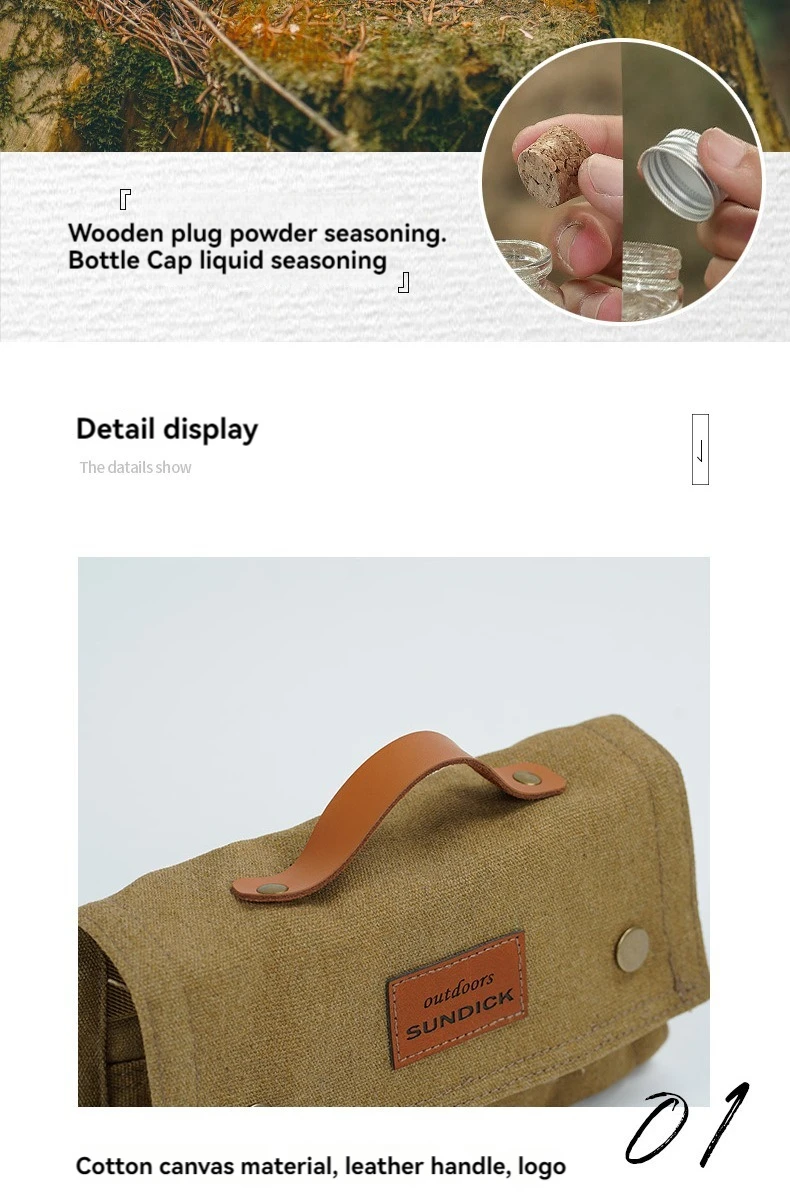 SUNDICK Outdoor Camping Seasoning Bottle Storage Bag, Barbecue Glass Seasoning Bottle Combination Set, Canvas Bag