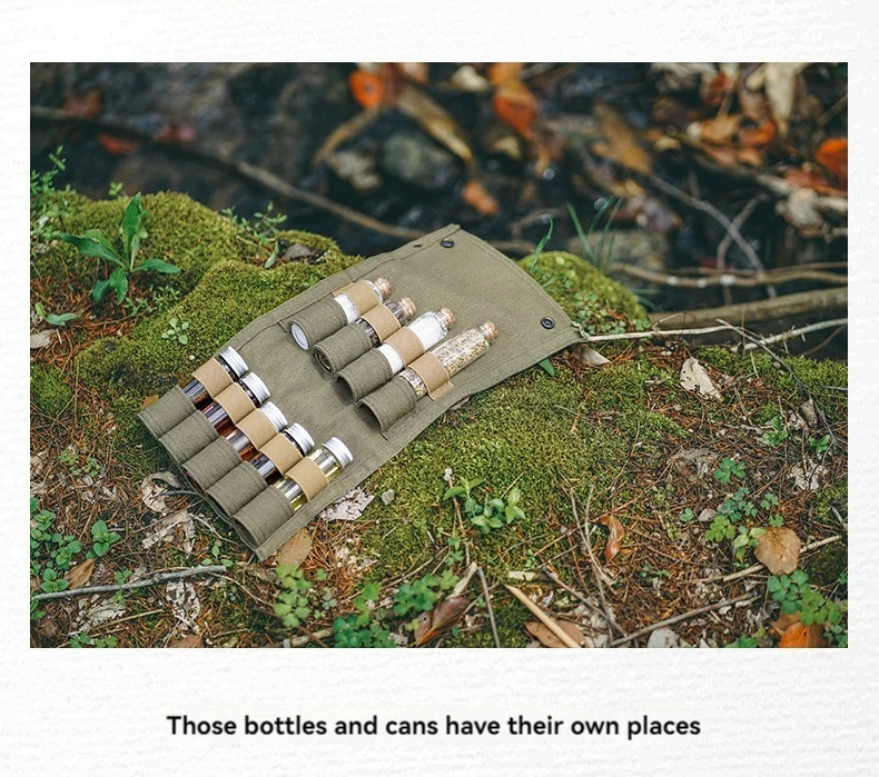 SUNDICK Outdoor Camping Seasoning Bottle Storage Bag, Barbecue Glass Seasoning Bottle Combination Set, Canvas Bag