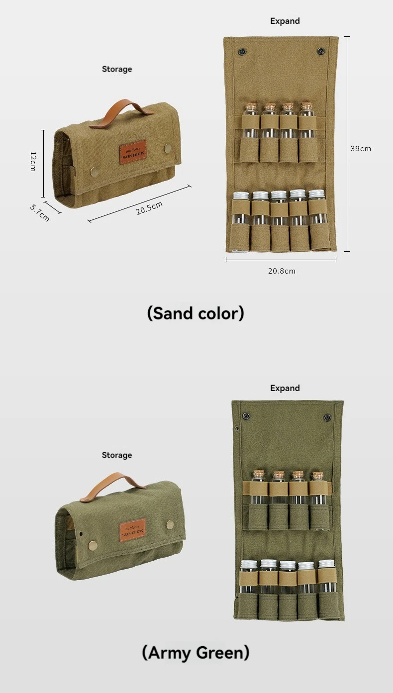 SUNDICK Outdoor Camping Seasoning Bottle Storage Bag, Barbecue Glass Seasoning Bottle Combination Set, Canvas Bag