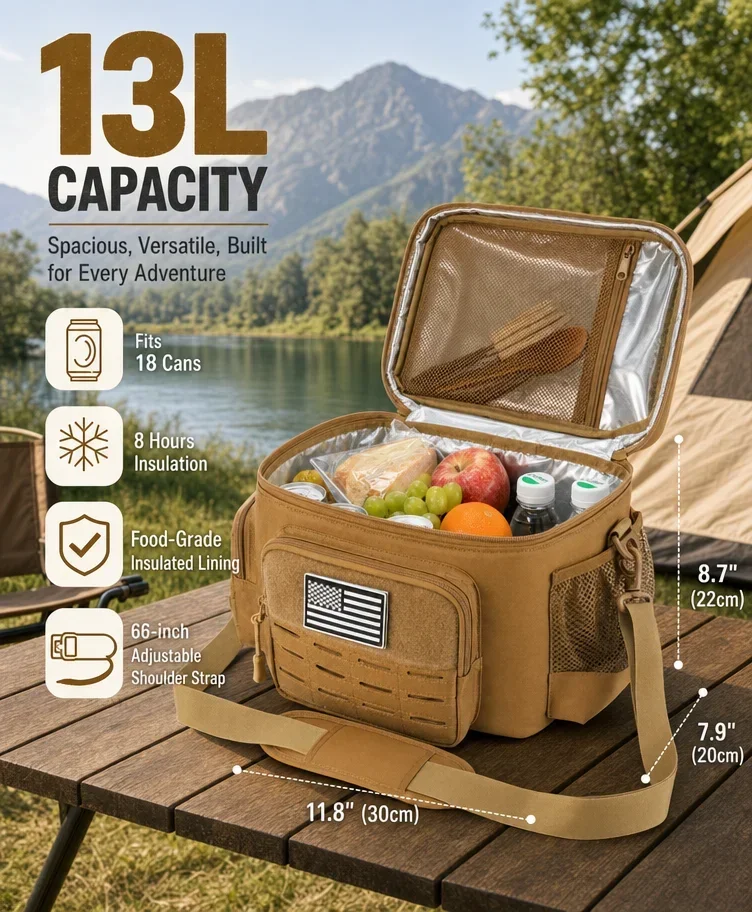 13L Tactical Thermal Cooler Lunch Bag Leakproof Insulated Durable Meal Storage Bag For Men Office Work Daily Commute Camping Picnic Fishing Outdoor Portable Insulated Food Carrier Bag