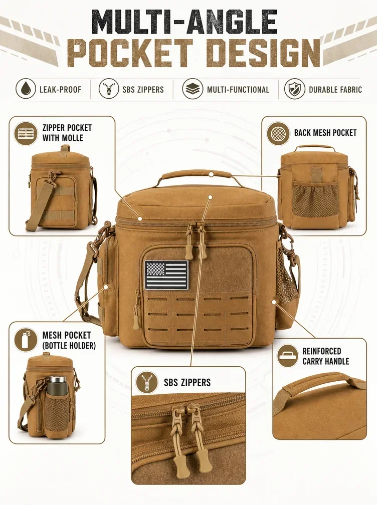 13L Tactical Thermal Cooler Lunch Bag Leakproof Insulated Durable Meal Storage Bag For Men Office Work Daily Commute Camping Picnic Fishing Outdoor Portable Insulated Food Carrier Bag