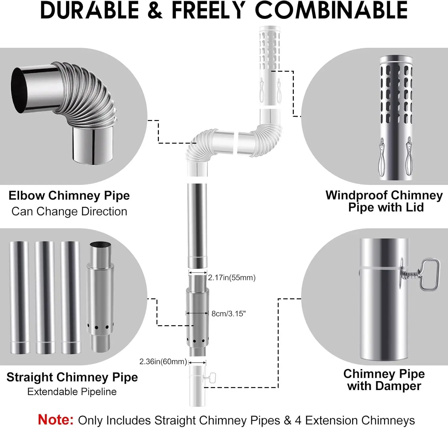 CHANGE MOORE Tent Stove Pipe 3pcs Extension Kit 0.9mm Smokeless Thickened Stainless Steel Chimney Set 2.36in Secondary Burning