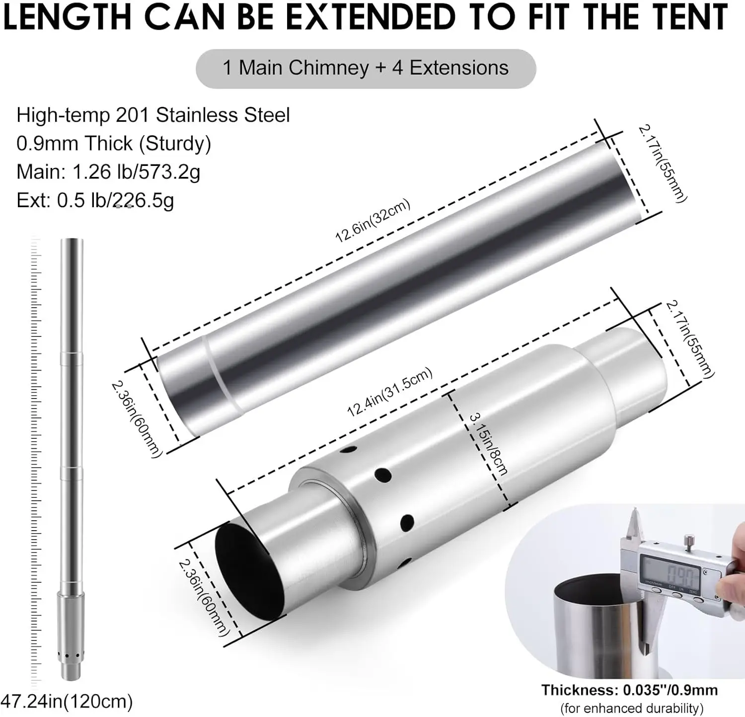 CHANGE MOORE Tent Stove Pipe 3pcs Extension Kit 0.9mm Smokeless Thickened Stainless Steel Chimney Set 2.36in Secondary Burning