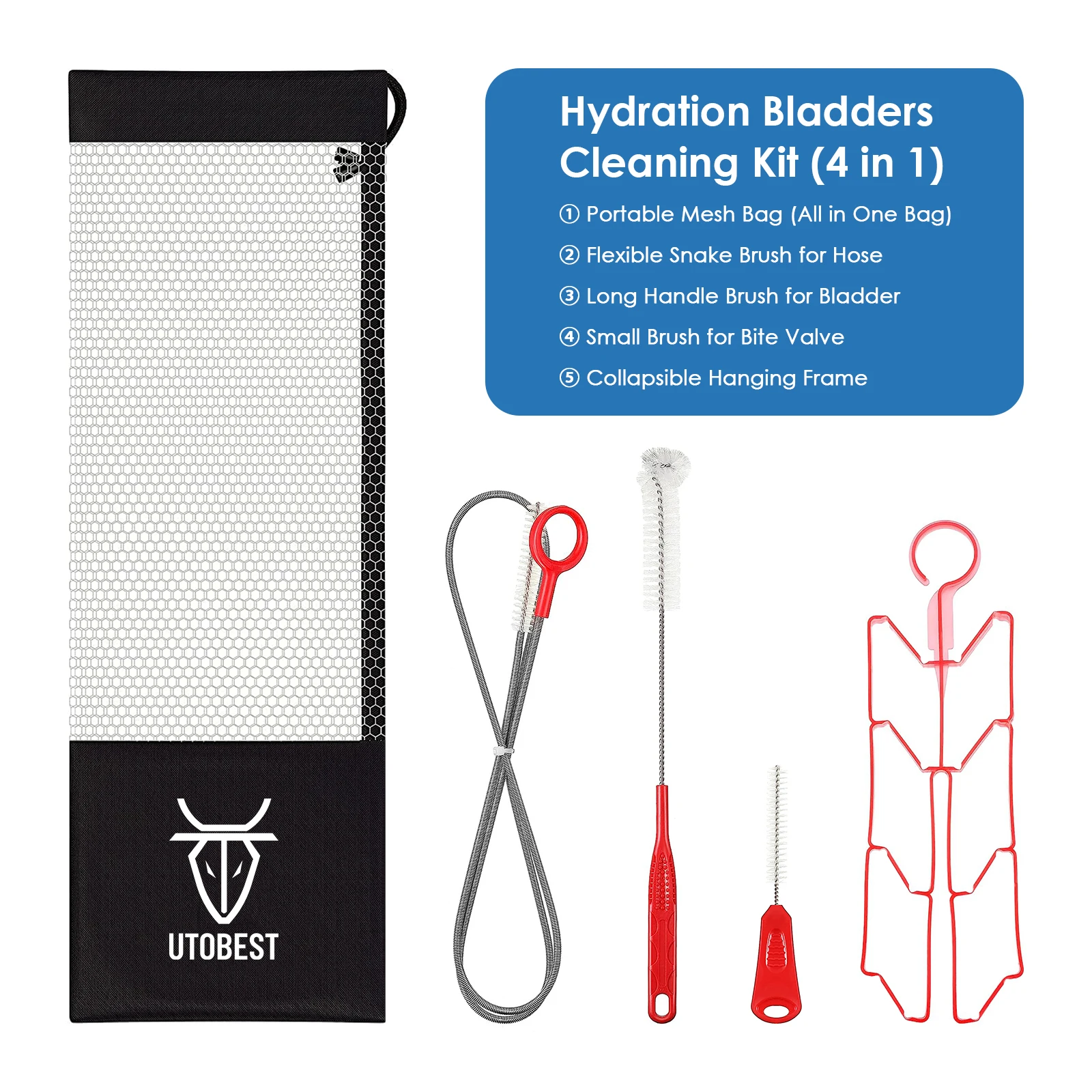 UTOBEST 4in1 Hydration Bladder Tube Brush Water Bag Cleaning Kit Long Brush Cleaning Tool Cleaner Set For Back Pack Bladder