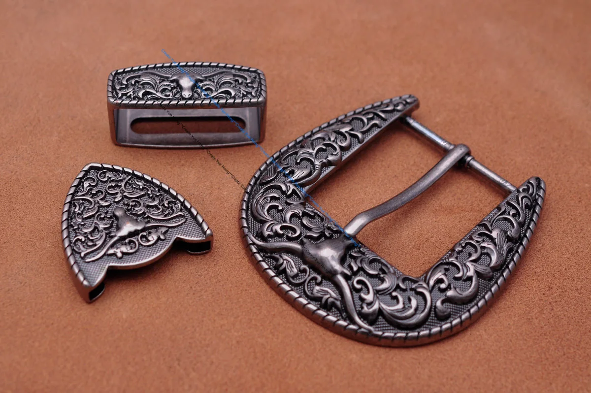 Heavy Strong Antique Silver Floral Western Cowboy Longhorn Bull SKull Rodeo Three Piece Set Belt Buckle Unisex Fits 40mm Strap