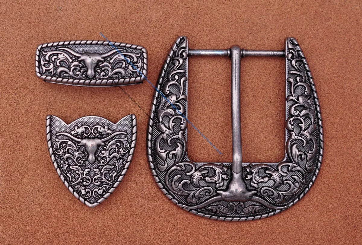 Heavy Strong Antique Silver Floral Western Cowboy Longhorn Bull SKull Rodeo Three Piece Set Belt Buckle Unisex Fits 40mm Strap
