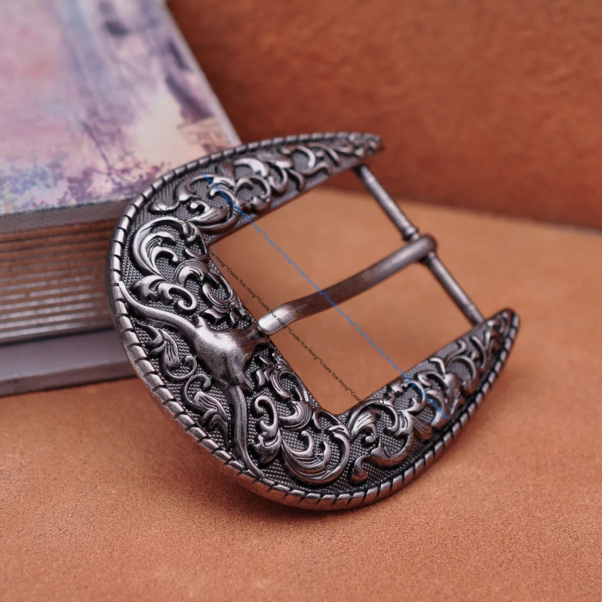 Heavy Strong Antique Silver Floral Western Cowboy Longhorn Bull SKull Rodeo Three Piece Set Belt Buckle Unisex Fits 40mm Strap