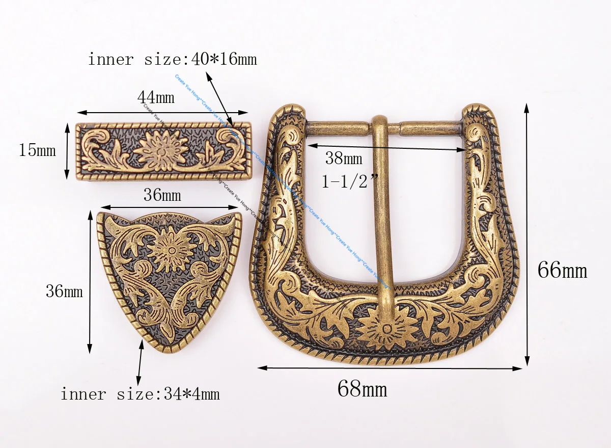Antique Brass Floral Rope Side Rodeo Western Cowboy Three Piece Set Leathercraft Belt Buckle Unisex 1 1/2"