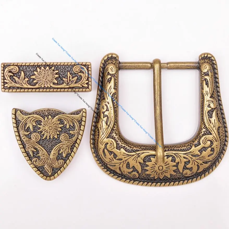 Antique Brass Floral Rope Side Rodeo Western Cowboy Three Piece Set Leathercraft Belt Buckle Unisex 1 1/2"
