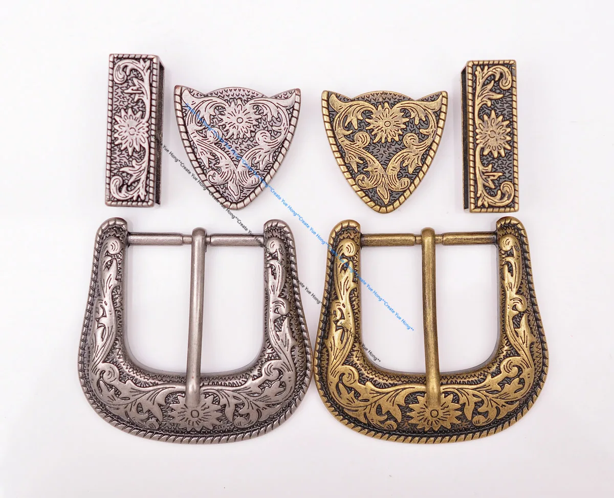 Antique Brass Floral Rope Side Rodeo Western Cowboy Three Piece Set Leathercraft Belt Buckle Unisex 1 1/2"
