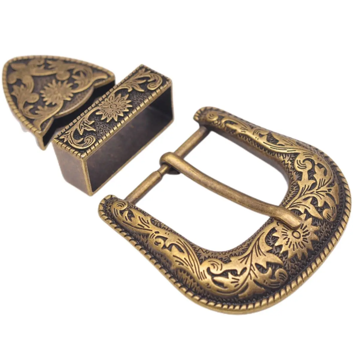 Antique Brass Floral Rope Side Rodeo Western Cowboy Three Piece Set Leathercraft Belt Buckle Unisex 1 1/2"