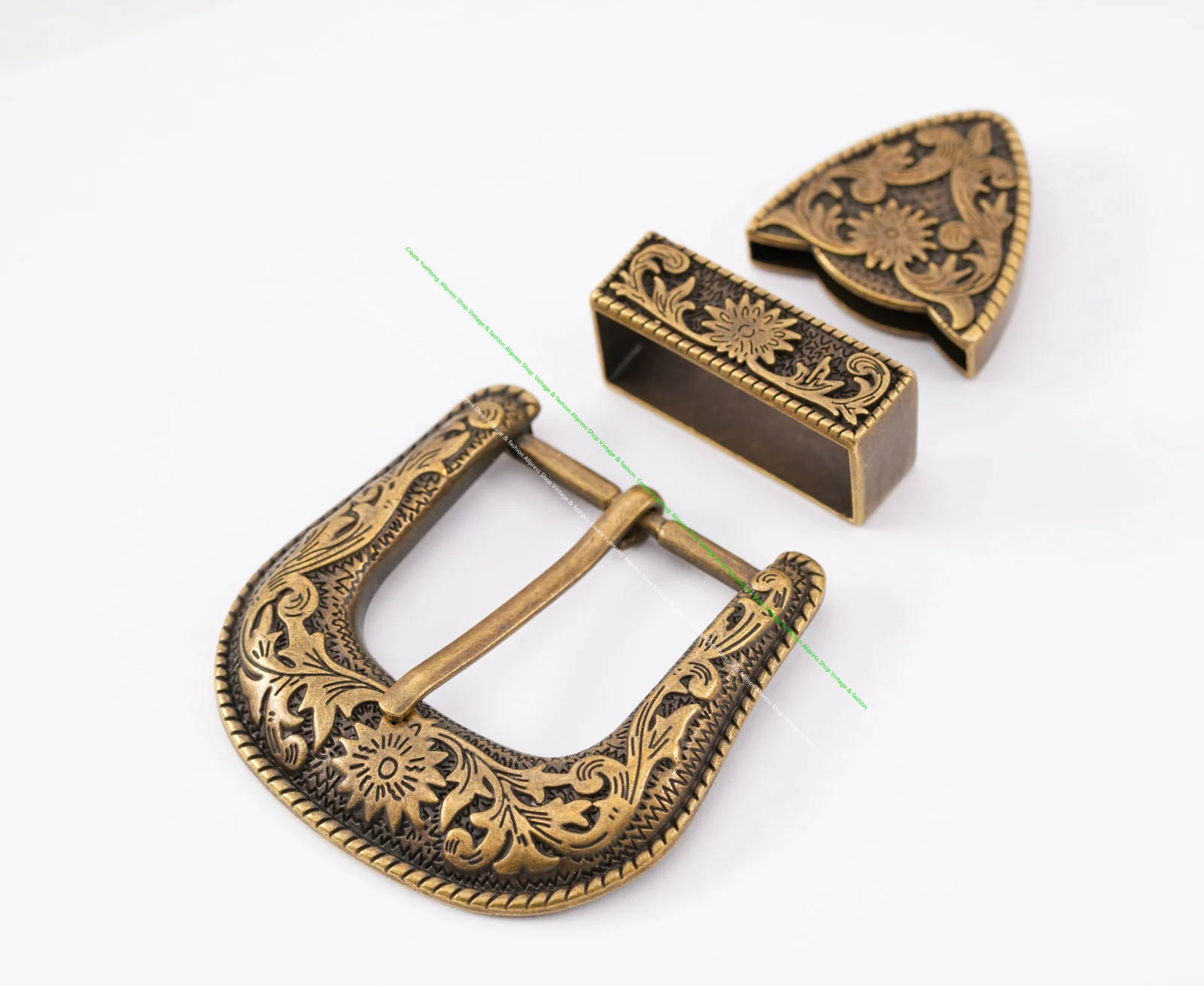 Antique Brass Floral Rope Side Rodeo Western Cowboy Three Piece Set Leathercraft Belt Buckle Unisex 1 1/2"