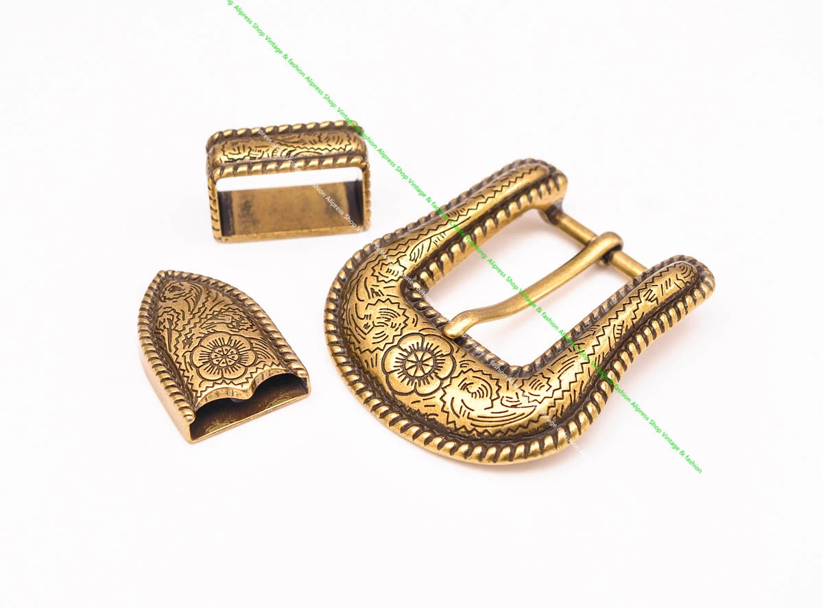 1" Solid Vintage Brass End Bar Pin Buckle 3 Pcs Set Diy Leathercraft Western Flower Rope Engraved Belt Buckle Replacement