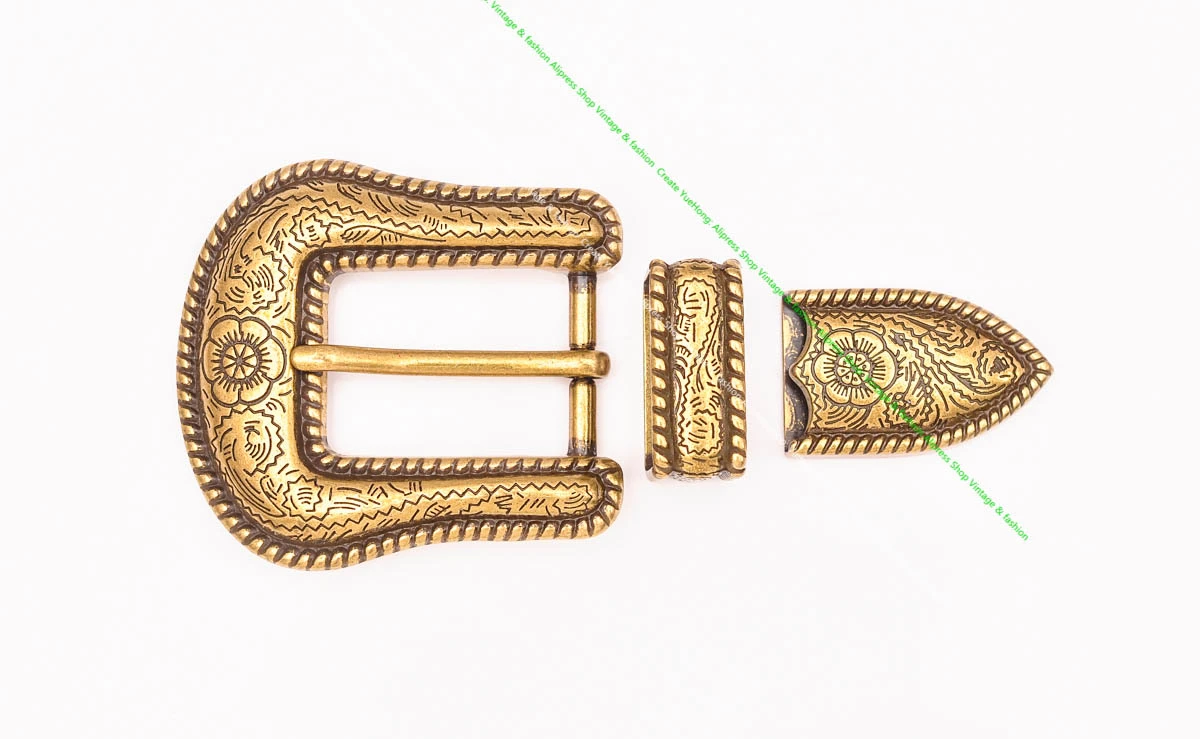 1" Solid Vintage Brass End Bar Pin Buckle 3 Pcs Set Diy Leathercraft Western Flower Rope Engraved Belt Buckle Replacement