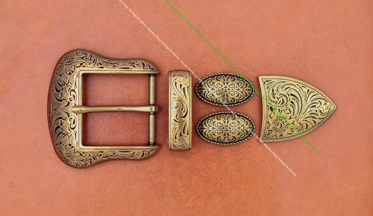 Brass Plated Western Cowboy Rodeo Flower Craved Men Leathercraft Accessories Belt Buckle 5 Pieces Set Unisex Fits 1 1/2" Strap