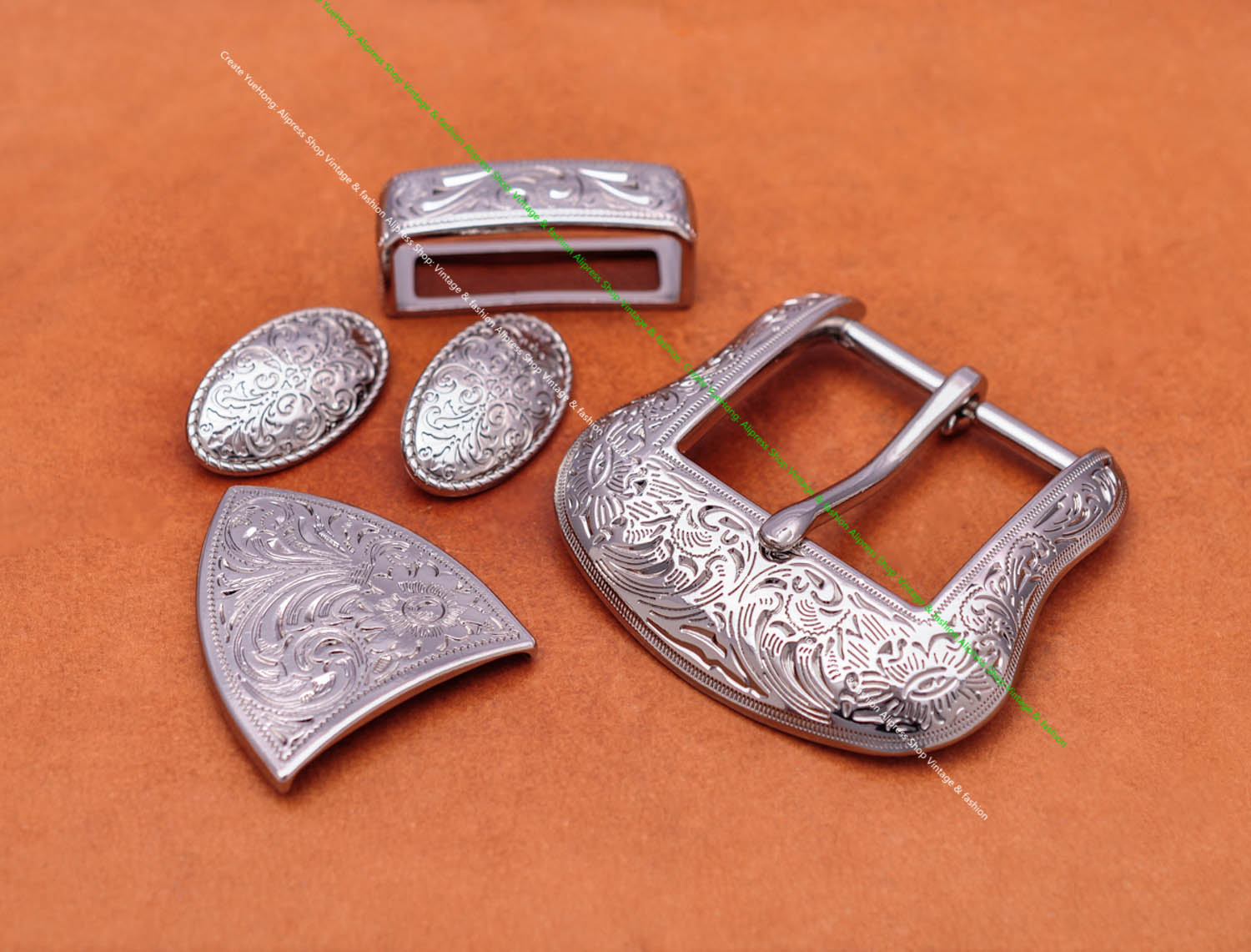 Brass Plated Western Cowboy Rodeo Flower Craved Men Leathercraft Accessories Belt Buckle 5 Pieces Set Unisex Fits 1 1/2" Strap