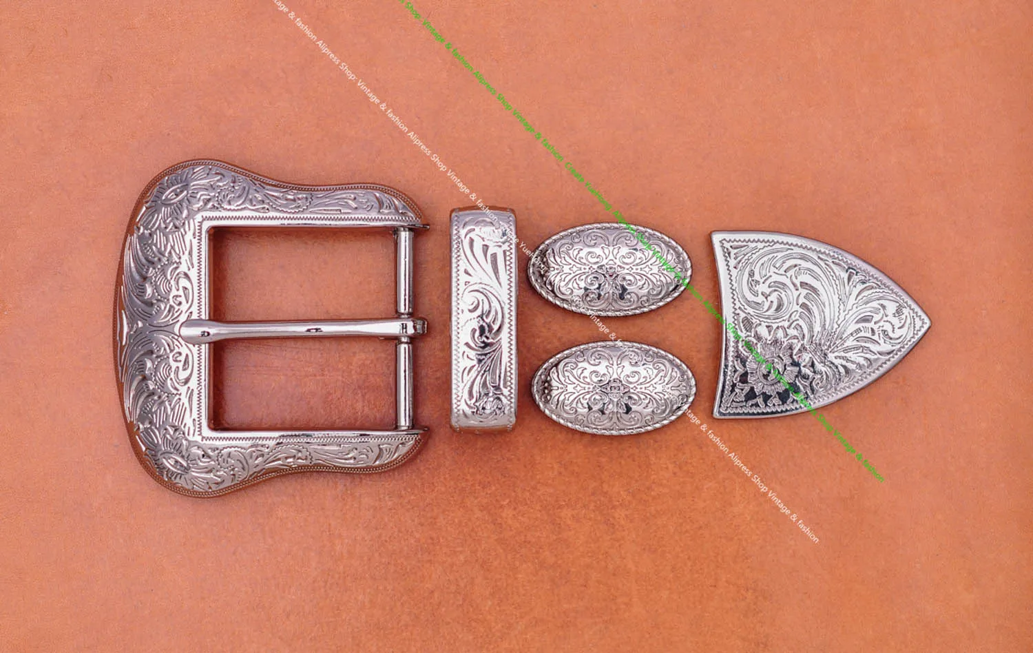 Brass Plated Western Cowboy Rodeo Flower Craved Men Leathercraft Accessories Belt Buckle 5 Pieces Set Unisex Fits 1 1/2" Strap