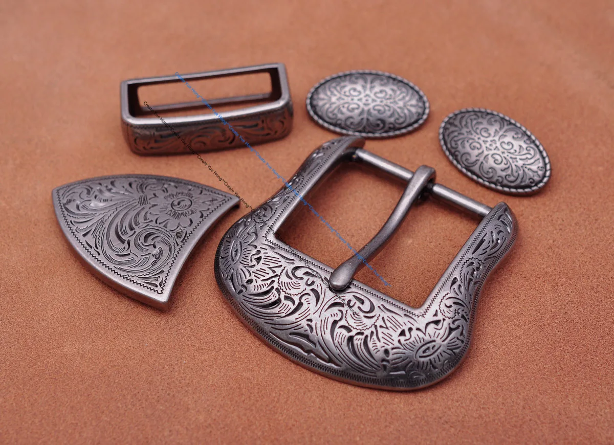 Brass Plated Western Cowboy Rodeo Flower Craved Men Leathercraft Accessories Belt Buckle 5 Pieces Set Unisex Fits 1 1/2" Strap