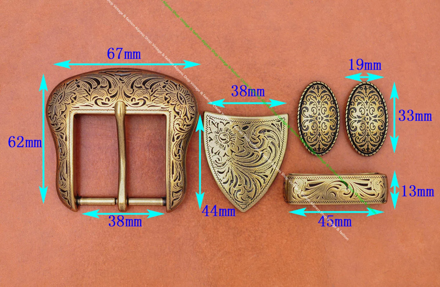 Brass Plated Western Cowboy Rodeo Flower Craved Men Leathercraft Accessories Belt Buckle 5 Pieces Set Unisex Fits 1 1/2" Strap