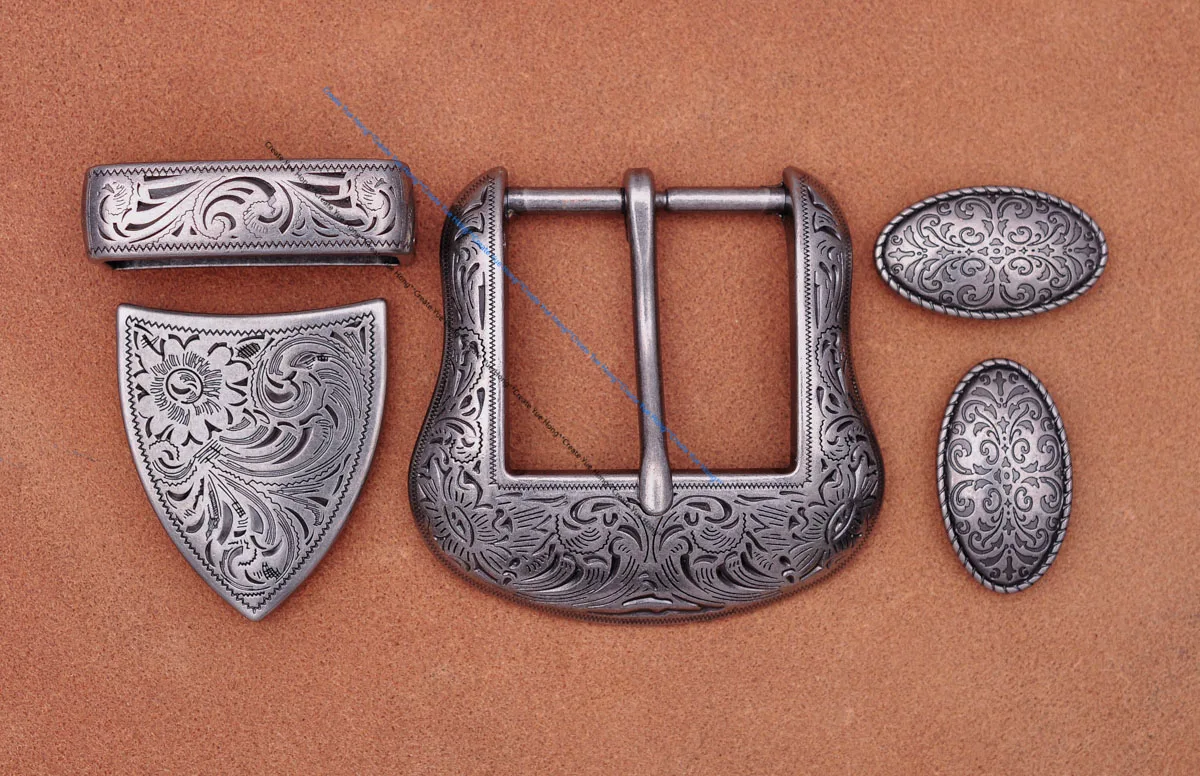Brass Plated Western Cowboy Rodeo Flower Craved Men Leathercraft Accessories Belt Buckle 5 Pieces Set Unisex Fits 1 1/2" Strap