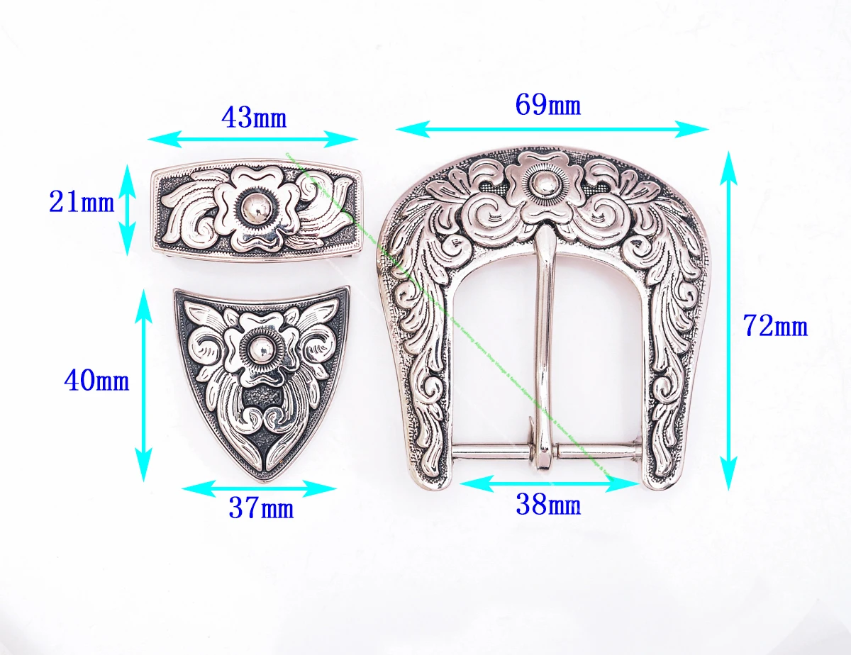 Men Women Black Silver 2-Tone Flower Engraved Texas Western Cowboy Ranger Rodeo 3-piece Set Leathercraft Belt Buckle