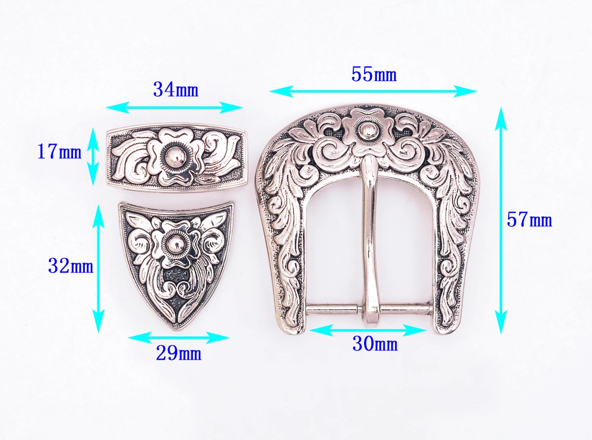 Men Women Black Silver 2-Tone Flower Engraved Texas Western Cowboy Ranger Rodeo 3-piece Set Leathercraft Belt Buckle