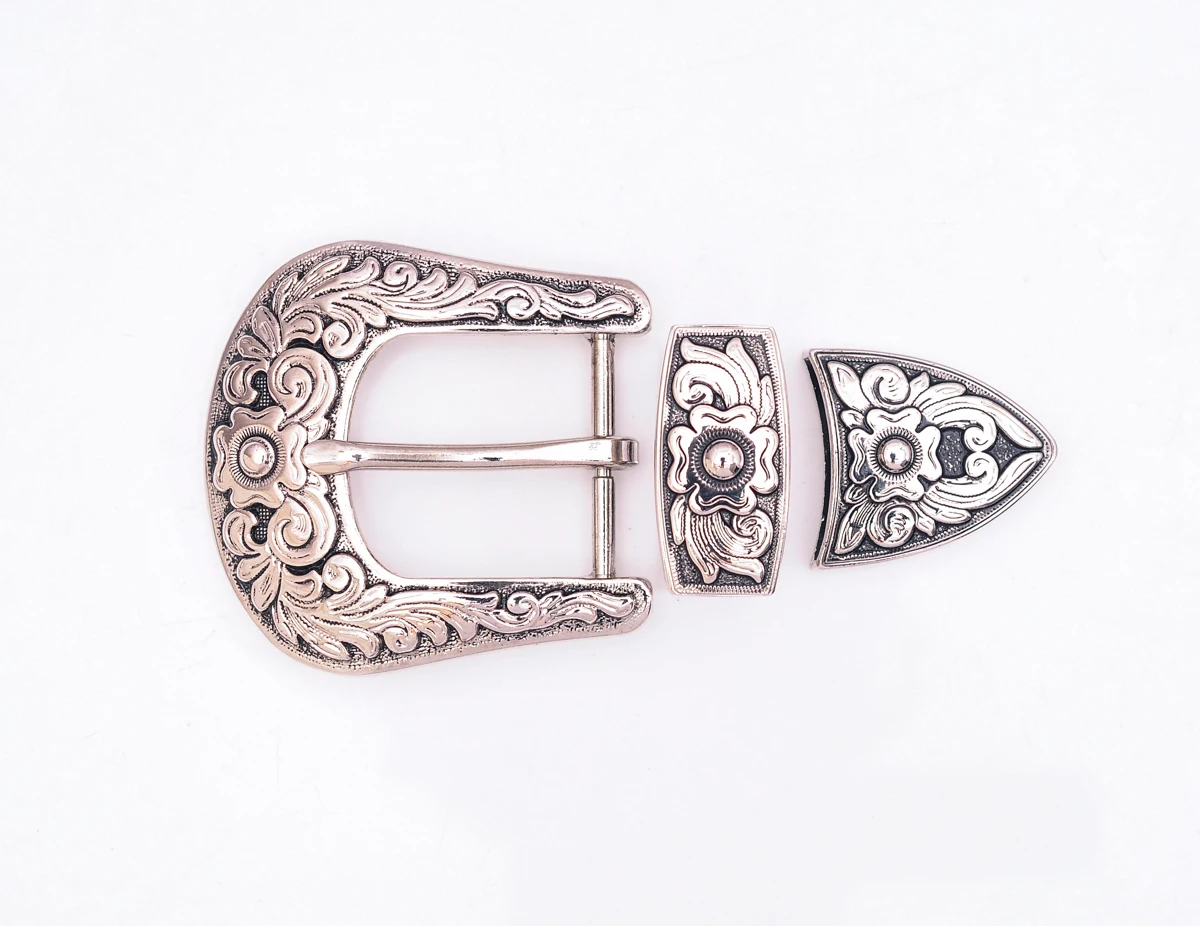 Men Women Black Silver 2-Tone Flower Engraved Texas Western Cowboy Ranger Rodeo 3-piece Set Leathercraft Belt Buckle