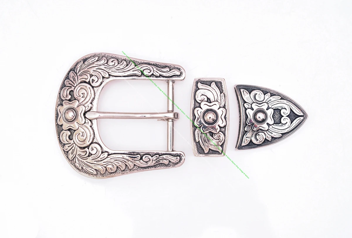 Men Women Black Silver 2-Tone Flower Engraved Texas Western Cowboy Ranger Rodeo 3-piece Set Leathercraft Belt Buckle